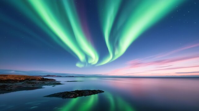 Aurora borealis shimmering above a calm northern coastline, green and pink hues reflecting in tide pools, a tranquil scene of light and water Aurora, seashore - Powered by Adobe