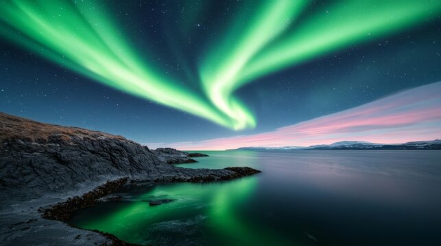 Aurora borealis shimmering above a calm northern coastline, green and pink hues reflecting in tide pools, a tranquil scene of light and water Aurora, seashore