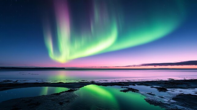 Aurora borealis shimmering above a calm northern coastline, green and pink hues reflecting in tide pools, a tranquil scene of light and water Aurora, seashore
