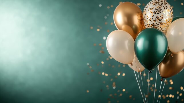A cluster of gold and green balloons, surrounded by glittering confetti, is set against a calming green background, showcasing festivity and joyous celebration.