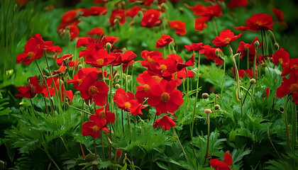 Obraz premium vibrant red flowers scarlet avens stand lush green backdrop foliage stems