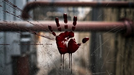 Splattered handprint background with dark red handprints streaked across a dirty surface