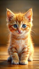 A playful orange baby cat sitting on a warm wooden surface with bright blue eyes. Generative AI