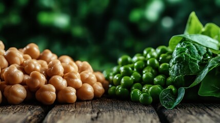 A close-up view of chickpeas and green peas next to vibrant spinach leaves on a rustic wooden surface, representing wholesome nutrition and natural simplicity.