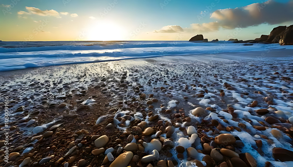 Poster wet pebbles covered sea foam low beach angles create mesmerizing visual effect