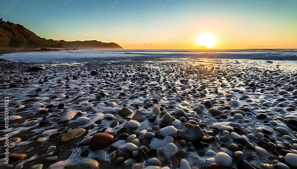 Aufkleber wet pebbles covered sea foam low beach angles create mesmerizing visual effect