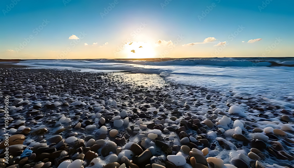 Poster wet pebbles covered sea foam low beach angles create mesmerizing visual effect