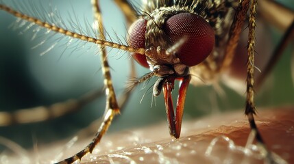 Macro shot of a mosquito on human skin, highlighting the intricate details of the insect's anatomy, emphasizing its complex structure and biological existence.