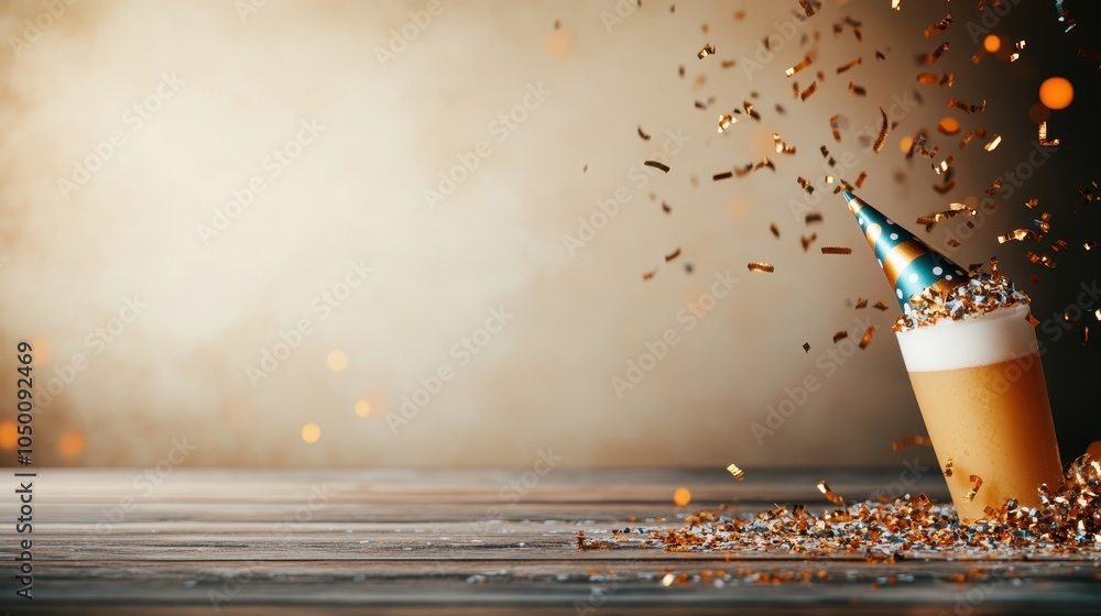 Poster this festive image features a party hat surrounded by floating confetti, captured in a dynamic and w