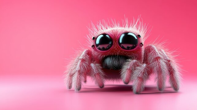 A charming, fluffy spider with large, expressive eyes stands on a pink backdrop, showcasing its adorable and vivid appearance in a lively and playful composition.