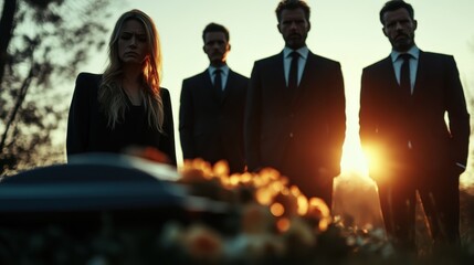 Against a brilliant sunset backdrop, a group dressed in formal suits stands solemnly, conveying a sense of homage and farewell in a poignant outdoor setting.