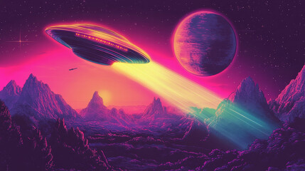 ufo in space in neon colors