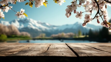 A serene lake with snow-capped mountains in the background, surrounded by cherry blossoms under a clear blue sky, epitomizing tranquility and beauty.