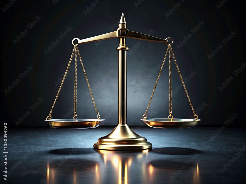 Poster 3d rendering of an empty golden triangle balance scale on dark gray background - symbolizing justice