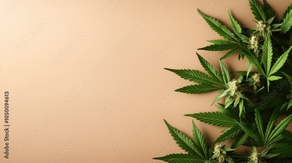 Poster a minimalistic presentation of cannabis leaves and buds set against a plain backdrop, emphasizing th