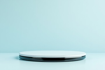 An empty black and white podium with shadows on a blue background, the layout of the stand for product presentation, minimalism