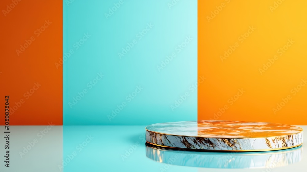 Poster featuring a marble platform against a backdrop of bold diagonal color blocks in turquoise and orange
