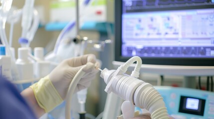 A respiratory therapist performing a lung function test on a patient in a respiratory care unit, with spirometry equipment and medical monitors in the background, macro shot