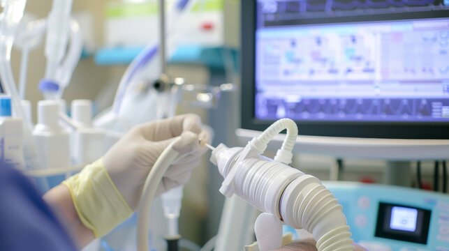 A respiratory therapist performing a lung function test on a patient in a respiratory care unit, with spirometry equipment and medical monitors in the background, macro shot