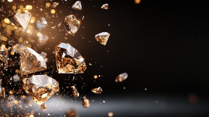An abstract explosion of shimmering diamonds with gold sparkle effects, illustrating themes of luxury, abundance, and artistic expression in a dynamic visual.