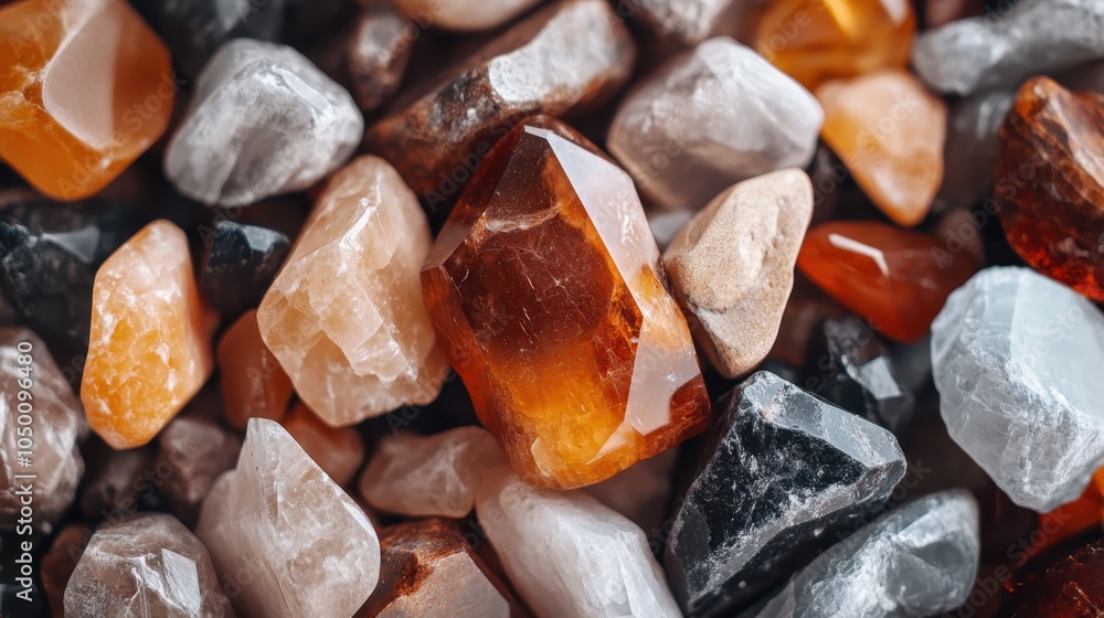 Poster an eclectic collection of stones featuring intriguing crystalline structures and a mix of patterns, 