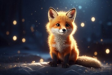 Fototapeta premium Cute Little Fox Standing in the Dark with New Year Lights, Illustrated in a Magical Style