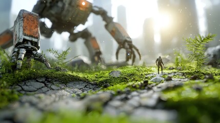 Giant robot ruins scattered across a cracked landscape, rusting metal, overgrown with moss, Post-apocalyptic, 3D render, Earthy tones, Faded sunlight