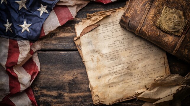 Vintage American Heritage with Flag, Old Book, and Historical Documents