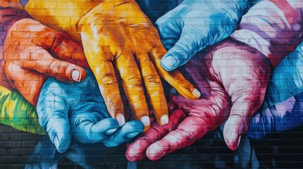 Colorful graffiti promotes a message of unity on a brick wall, enhancing the urban landscape with its lively hues and creative expression