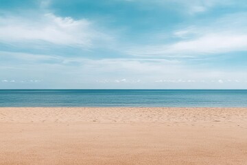 Fototapeta premium Minimalist beach scene with smooth, flat sand leading into a still ocean, faint clouds in the distance, Realism, Soft pastels, Serene and empty