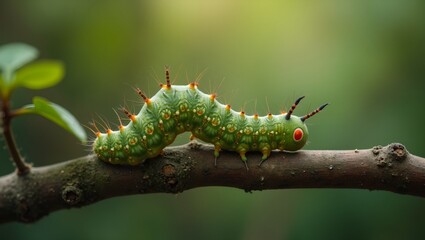 Fototapeta premium Caterpillar at branchs edge ready to transform into butterfly symbolizing growth and change