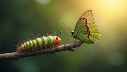 Fototapeta premium Caterpillar at branchs edge ready to transform into butterfly symbolizing growth and change