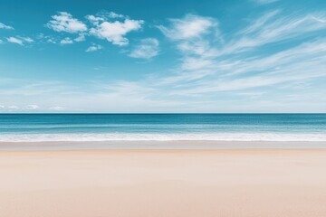 Fototapeta premium Minimalist beach scene with smooth, flat sand leading into a still ocean, faint clouds in the distance, Realism, Soft pastels, Serene and empty