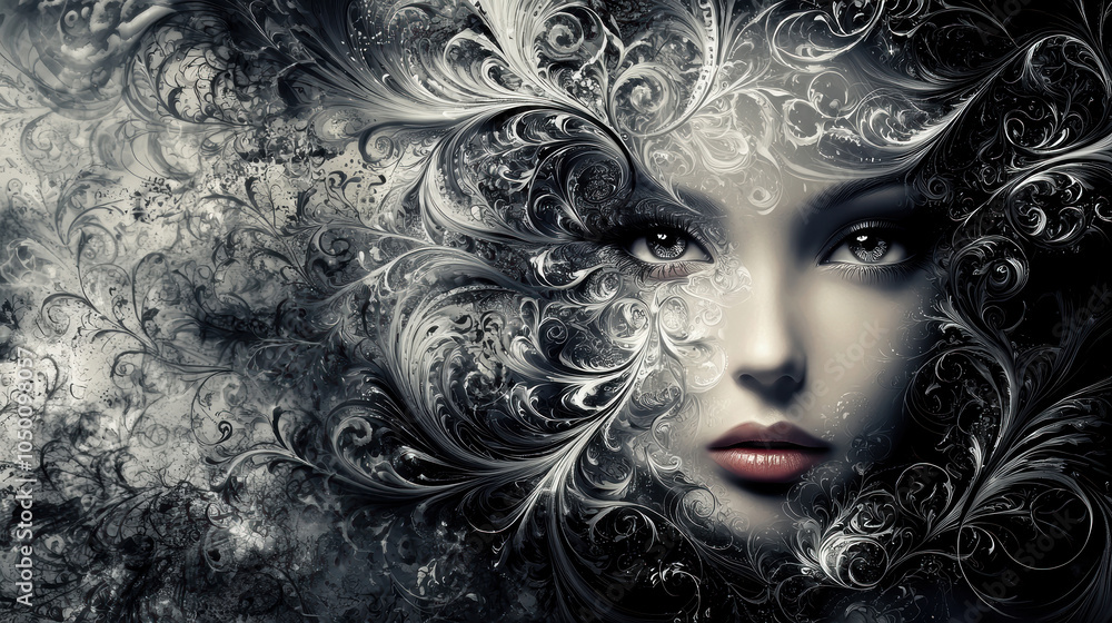 Poster a close-up of a woman's face with swirling black and white patterns blending into her skin. the intr
