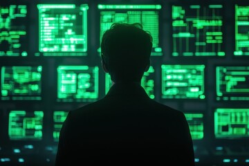 A hacker in a dark room surrounded by digital screens, neon green code flashing, Sci-fi Noir, High contrast, Sharp details, Tense atmosphere