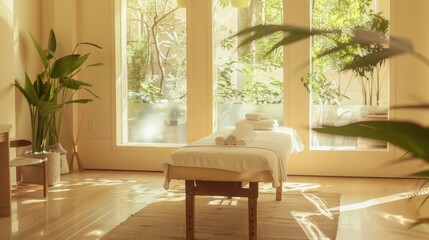 A serene image of a patient receiving a massage in a wellness center with natural light streaming through the windows, set against a soothing, spa-like background