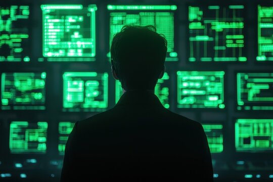 A hacker in a dark room surrounded by digital screens, neon green code flashing, Sci-fi Noir, High contrast, Sharp details, Tense atmosphere