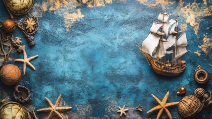 Fototapeta premium Nautical Themed Background with Vintage Ship and Sea Elements