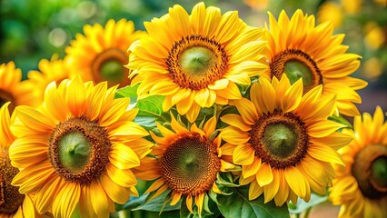 Obraz premium A stunning bouquet of sunflowers with bright yellow petals and green leaves, sunflowers, bright yellow, large blooms