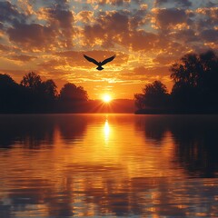 Obraz premium Silhouette Bird Soaring Across Colorful Sunset Sky Beautiful Evening Scene picture