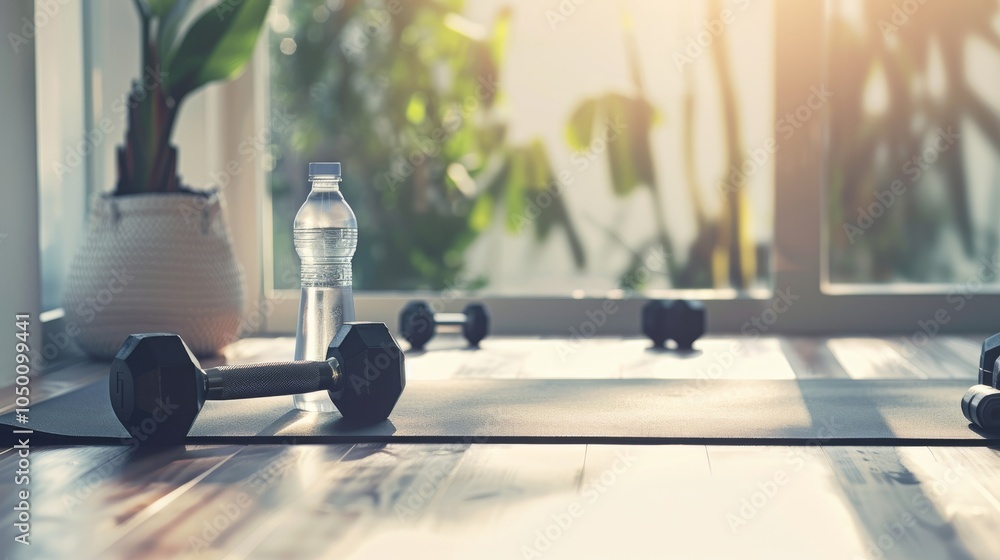 Aufkleber a serene image of a yoga mat with a pair of dumbbells and a bottle of water, set in a home gym with 