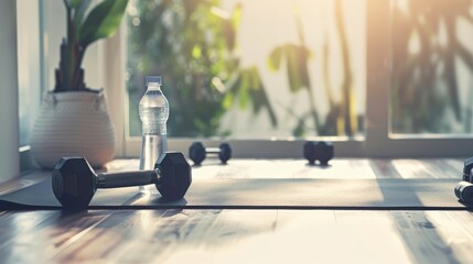 A serene image of a yoga mat with a pair of dumbbells and a bottle of water, set in a home gym with soft, natural light streaming through the window