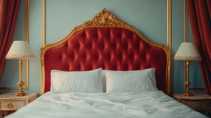 Extravagant bedroom with a velvet canopy bed, gold leaf detailing, and soft ambient lighting, Baroque, Warm tones, Plush and opulent atmosphere ,closes up