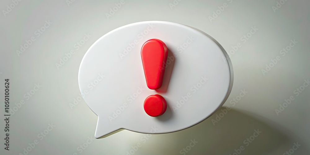 Poster attention icon in 3d: white speech bubble with red exclamation mark for communication and alerts in 