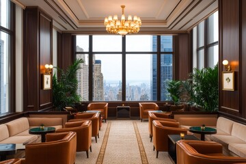 Fototapeta premium Opulent lounge area with plush velvet seating, a grand chandelier, and large windows overlooking the city, Modern luxury, Warm lighting, High-end
