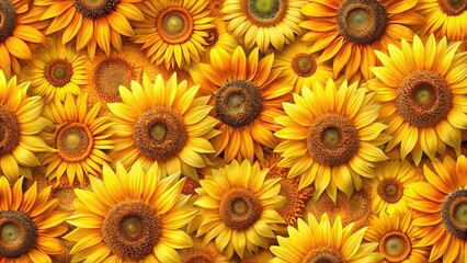 Obraz premium A whimsical and playful sunflower wallpaper featuring small to medium-sized sunflowers in various shades of yellow and orange with intricate details and texture, colorful, eclectic, vintage, floral 