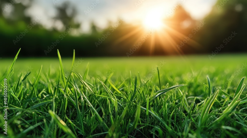 Poster grass blades in a field are vividly illuminated by the setting sun’s golden rays, creating an enchan