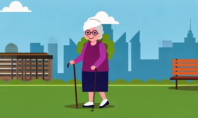 Elderly Woman Walking in Park 2D Animation - Powered by Adobe