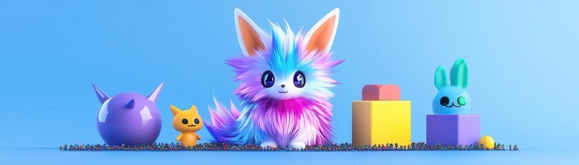A cute, fluffy creature with holographic fur, surrounded by tiny collectible toys, vibrant colors, playful yet detailed