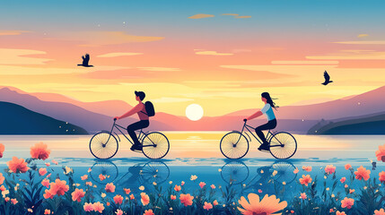 Obraz premium Minimalist style illustration of young people cycling on the seaside path at dusk